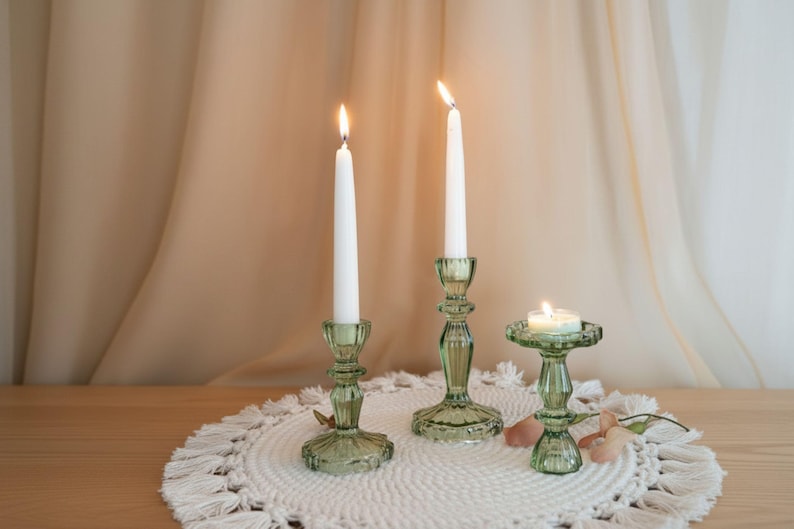 Vintage-Style Green Glass Candlestick Holders 2 Small + 1 Large