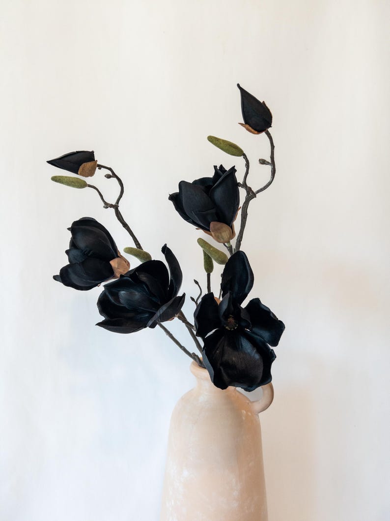 May include: A beige ceramic vase holds a bouquet of black magnolia flowers. The flowers are fully bloomed and in bud, with green and brown accents on the stems. The vase has a curved shape and a handle.