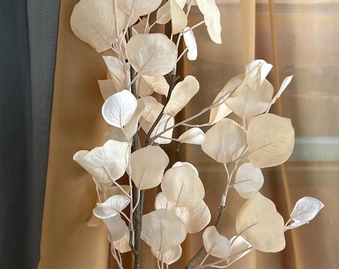 Featured listing image: 36” Cream Eucalyptus Stem | Tall Faux Branch with Ivory Leaves - Neutral Modern Vase Filler