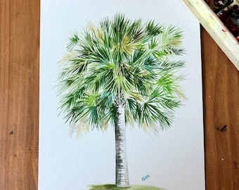 Acuarela del árbol estatal de Carolina del Sur, árbol estatal de Florida (palma sabal o palmetto), arte original, regalo personalizado