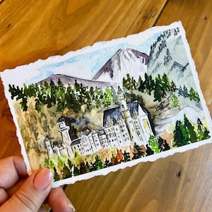 Kasteel Neuschwanstien, Duitsland-fine-art print, aquarel, handgemaakt souvenir, "vintage" ansichtkaart, aangepast reiscadeau, uniek kerstcadeau