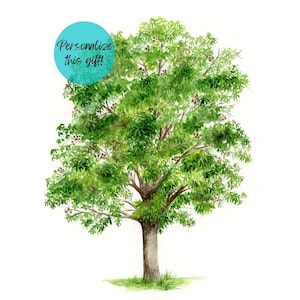May include: Watercolour painting of a green tree with a brown trunk and branches. The tree is isolated against a white background. The text "Personalize this gift!" is written in black on a blue circle.
