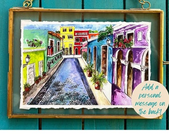 Colorful streets of Old San Juan, Puerto Rico fine art print - personalize / watercolor / art souvenir/ Travel gift/ custom anniversary gift