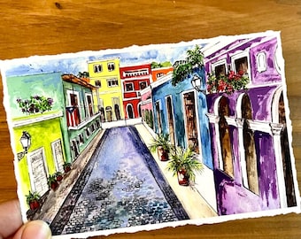 Colorful streets of Old San Juan, Puerto Rico fine art print - personalize / watercolor / art souvenir/ Travel gift/ custom anniversary gift