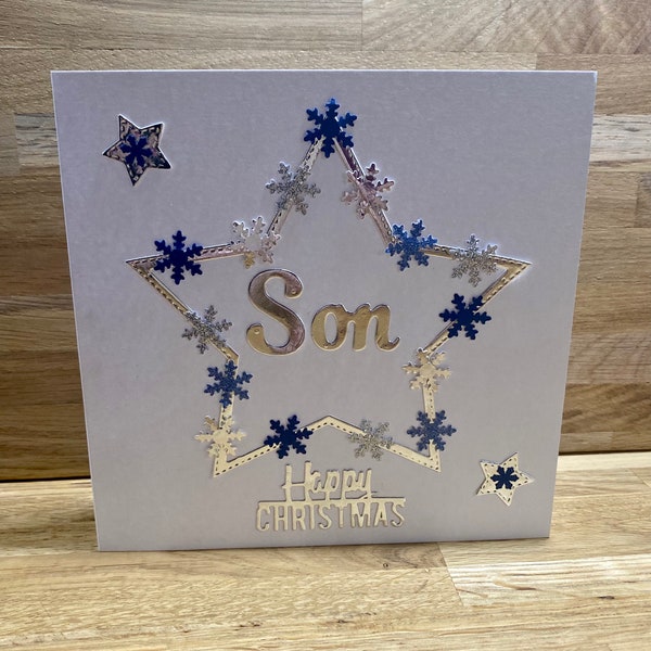 Handmade Christmas card for Son,star and snowflake design card, Elegant cards for him. Son Christmas card uk, unique cards Christmas,