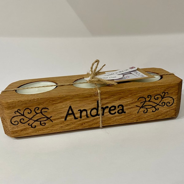 Personalised Triple Tea Light Holder,Solid oak candle, name and scroll,Birthday gift for friend, birthday gift for her,valentines for her,