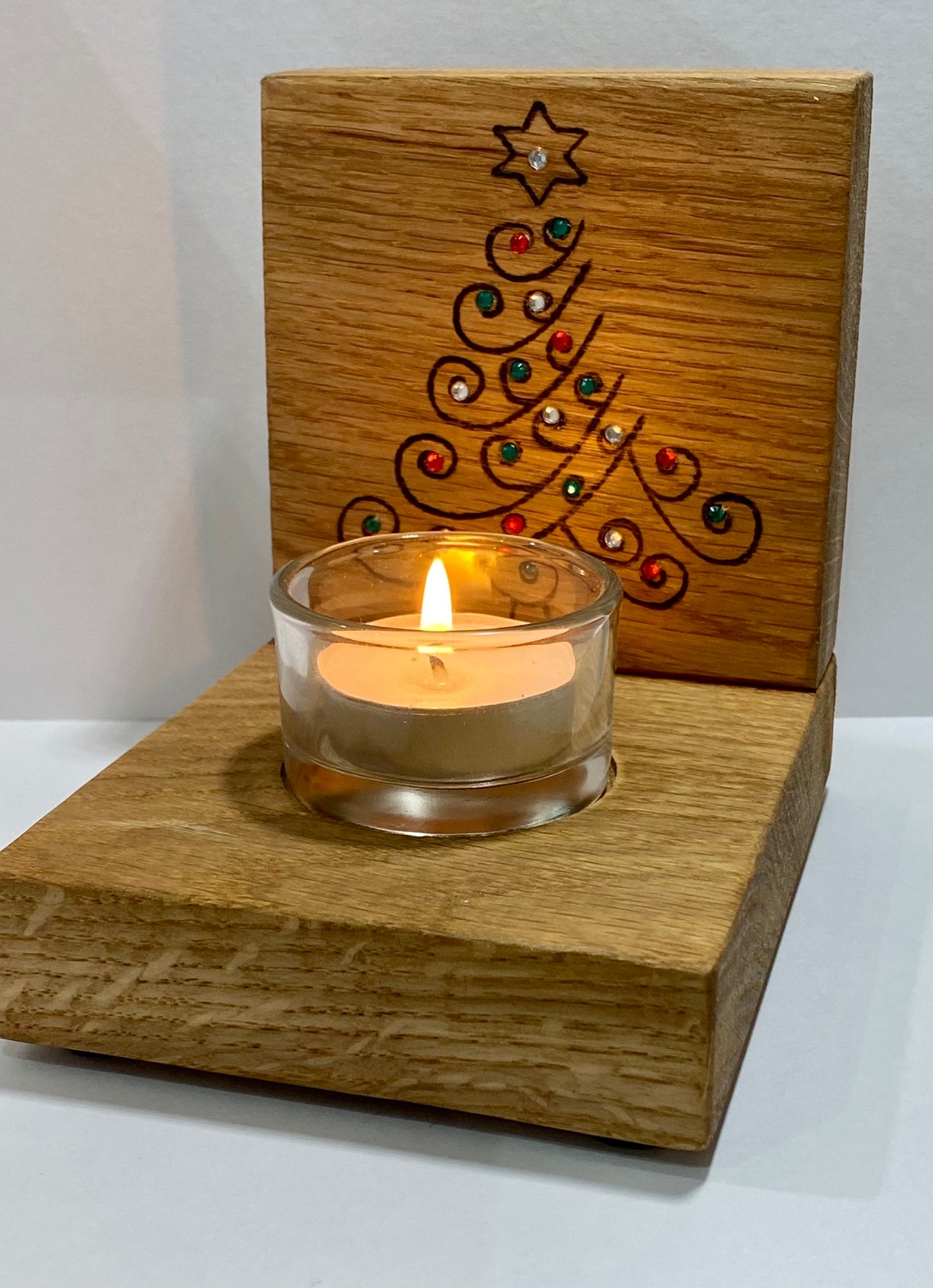 Beautiful Solid Oak and Glass Tea Light Holder Christmas Tree Etsy UK