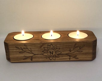 Personalised Triple Tea Light Holder,Solid oak candle, pyrography letter design, Valentines gift for her, birthday gift for her, Friend gift