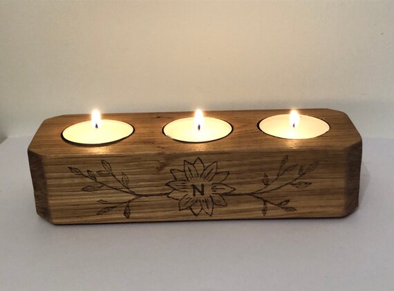 Personalised Triple Tea Light Holder solid Oak Candle Pyrography
