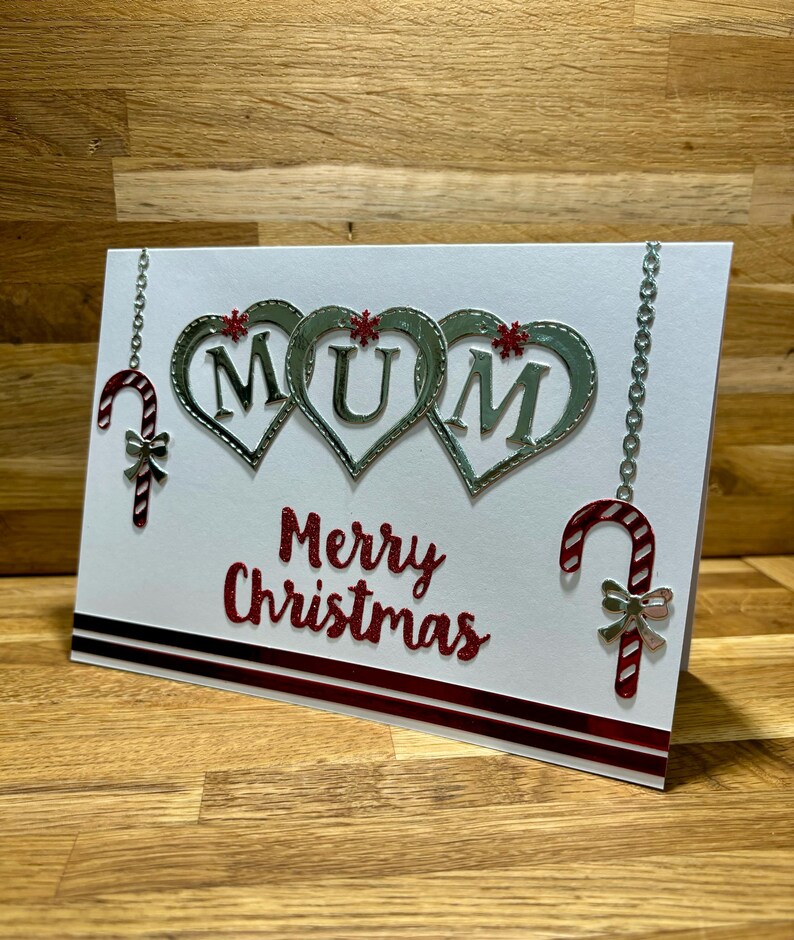 Elegant Handmade Christmas Card for Mum,silver Hearts and Candy Cane