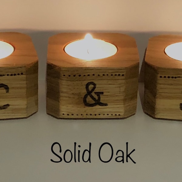 Personalised Single Tea Light Holders, set of 3 Solid oak Candle, Pyrography letter design, Gift for couples,Valentines gift, special couple