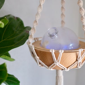May include: A white macrame hanging planter with a wooden bowl and a glass diffuser with a blue light inside. The diffuser is emitting a white mist.
