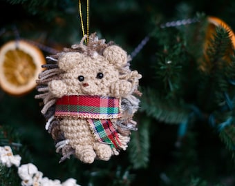 Crochet Hedgehog Ornament | Handmade Holiday Decor with Plaid Scarf