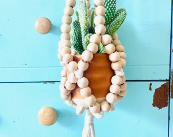 Boho Beaded Plant Hanger | Cotton Cord, Wood Beads