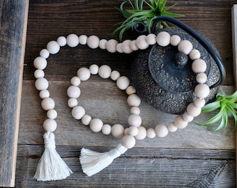 Wood Bead Tassel Garland: Boho Farmhouse Shelf Decor
