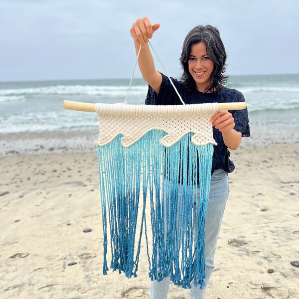 Macrame Wave Wall Hanging on Driftwood | ocean vibe | boho beach coastal decor | blue ombré dyed wall hanging