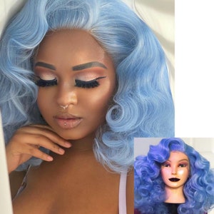 Flauschige Cotton Candy Blue Weiche synthetische Spitzenfront Perücke