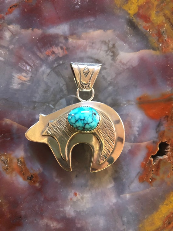 ネックレス・ペンダント Mini Navajo Bear Pendant Necklace #7764 Handsome Mens Navajo Turquoise Coral Silver Bear Pendant