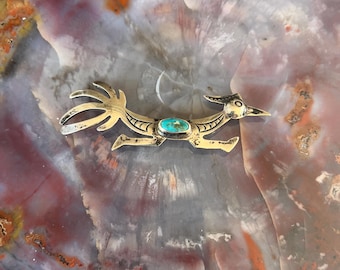 Vintage Roadrunner and Turquoise Brooch /Pin Sterling, Signed