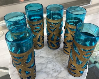 Vintage Brutalist  Felipe Derflinger Set Of 6 Blue Hand Blown Caged Bar Glasses