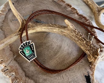Vintage Native American Turquoise and Sterling Bolo Tie with Masonic Symbol, 70s