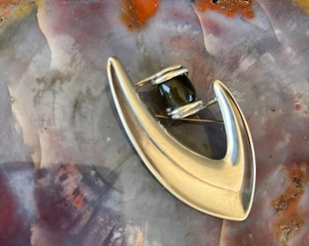 Sigi Pineda Sterling Silver Boomerang Pin/ Brooch with Obsidian Stone, Mexican Modernist
