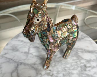 Vintage Abalone Shell Inlay, Goat Sculpture, Mid-Century Modern, Unique