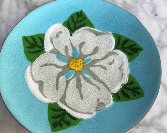 Vintage AnneMarie Davidson Dog Wood Flower Blue and White Enamel on Copper Plate, Mid-Century 60’s