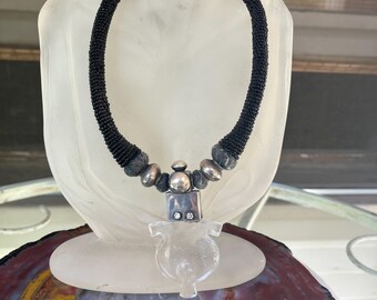 Striking Modernist/ Tribal Quartz, Silver and  Black Beaded Statement Necklace, Art To Wear