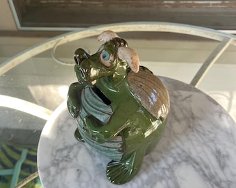 Vintage Whimsical Ceramic Green Dragon Piggy Bank, 70’s