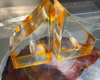 Pair Vintage Modernist Lucite Bookends with Burnt Orange Highlights
