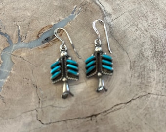 Vintage Zuni Petit Point Turquoise with Squash Blossoms, Dangle Earrings