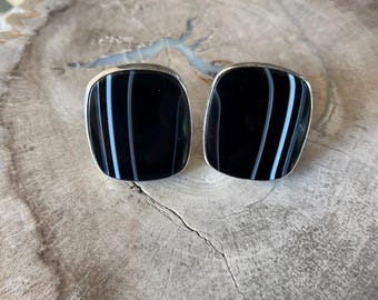 Vintage Amy Kahn Russell Banded Agate and Sterling Silver Clip On Earrings, One of a Kind