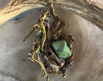 Richard Kaisch Surrealist Bronze Pendant/ Pin Whimsical Nude Female with Green Stone, Signed and Dated 88
