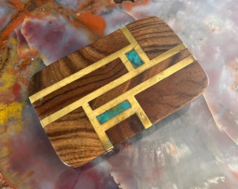 Vintage Native American Turquoise, Wood and Brass Belt Buckle, Signed