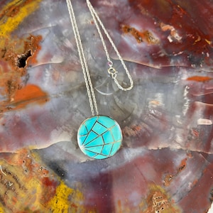 Vintage Zuni Turquoise Spiderweb Pendant / Brooch and Sterling Silver Necklace