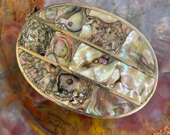 Vintage Abalone Shell And Silver Toned Metal Belt Buckle 70’s