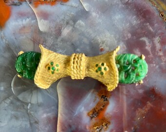 Hattie Carnegie Jadeite And Gold Tone Flowers in a Basket Brooch/ Pin Unusual Vintage