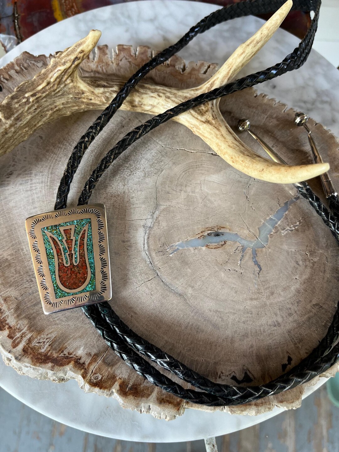 Vintage Navajo Coral, Turquoise and Silver Bolo Tie on Leather Braid - Etsy