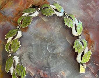 Vintage Mexican Modernist ,Green and White Enameled and Sterling Bracelet by Miquel Garcia Martinez, in the Style of Margot de Taxco