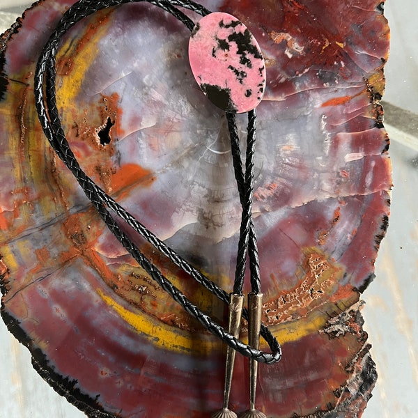 Rhodonite Bolo Tie with Braided Leather and Silver Tips