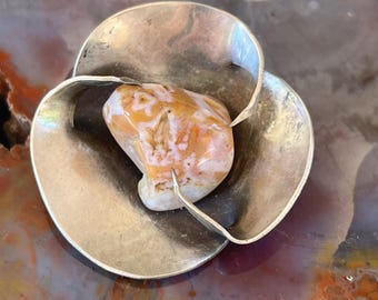 Vintage Modernist Sterling Silver Brooch With Polished Stone, Signed