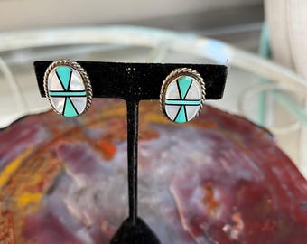 Vintage Zuni Inlay Turquoise, Mother of Pearl, Jet and Sterling Earrings Clip On, Signed