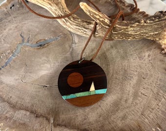 Vintage Exoctic Wood and Turquoise Pendant Necklace Depicting Sail Boat on Ocean, Hand Made 70’s.
