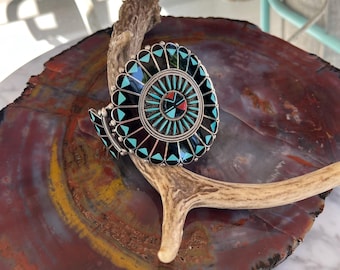 Vintage  Benji and Shirley Tzuni Zuni Sunface Inlaid Turquoise and Jet Cuff Bracelet and Petit Point, Signed