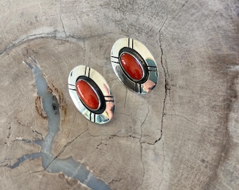 Vintage Navajo Coral and Sterling Post Earrings By Everette and Mary Taylor