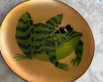 Vintage AnneMarie Davidson Green Frog on Gold Plate, Enamel on Copper, Mid-Century 60’s