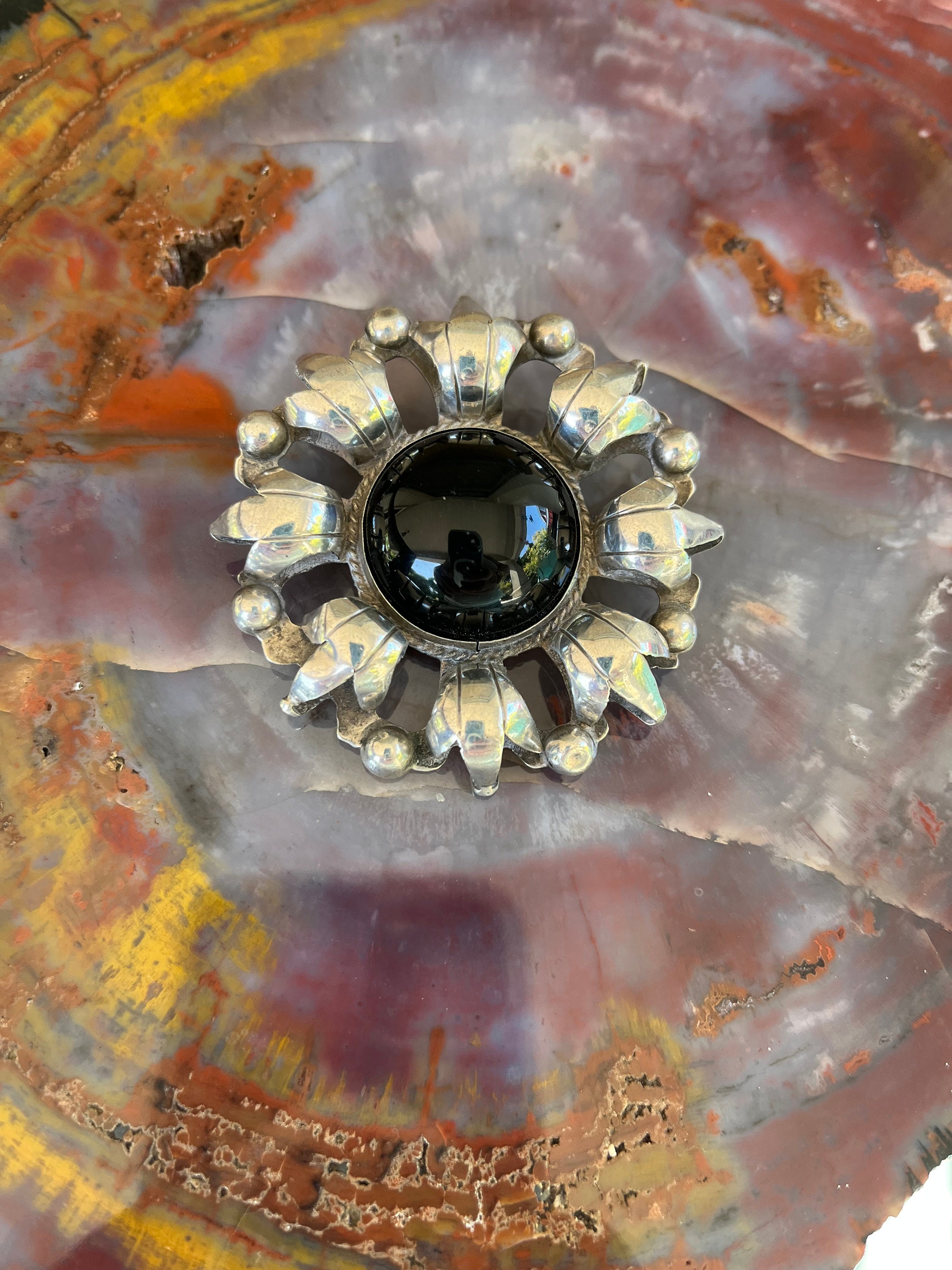 Broche Vintage En Argent 925 Avec Onyx - Fabriquée Au Mexique - Occasion Bon état