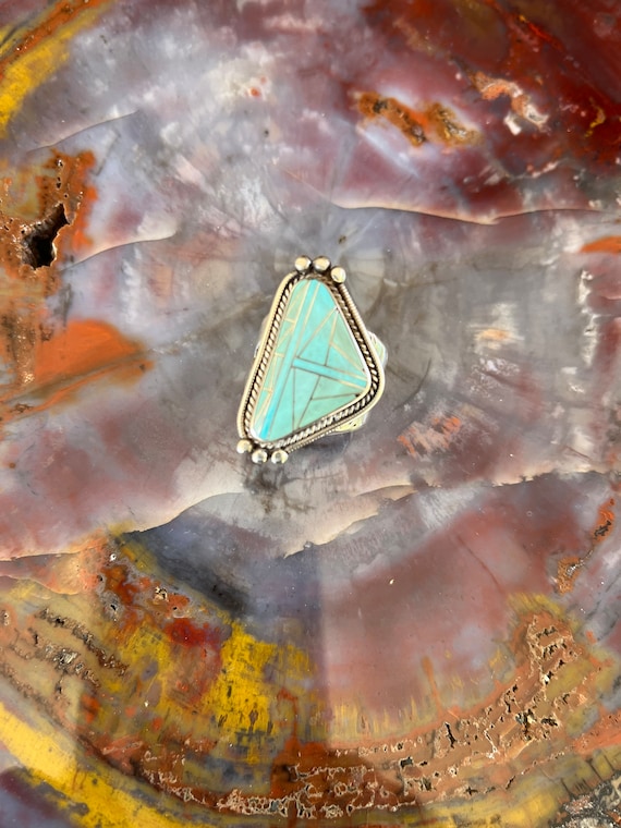 Stunning Blue Turquoise and Sterling Inlay Ring