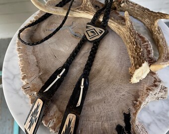 Vintage Native American Designed Sterling and Braided Leather Bolo Tie, Very Cool